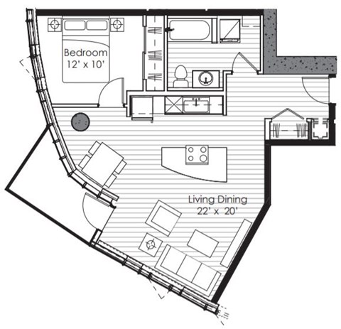 Floor plan for 1 bed, 1 bath, 733 sqft